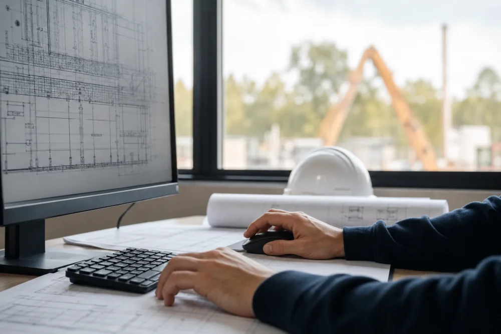 準備段階の現場でCAD・図面を扱う様子