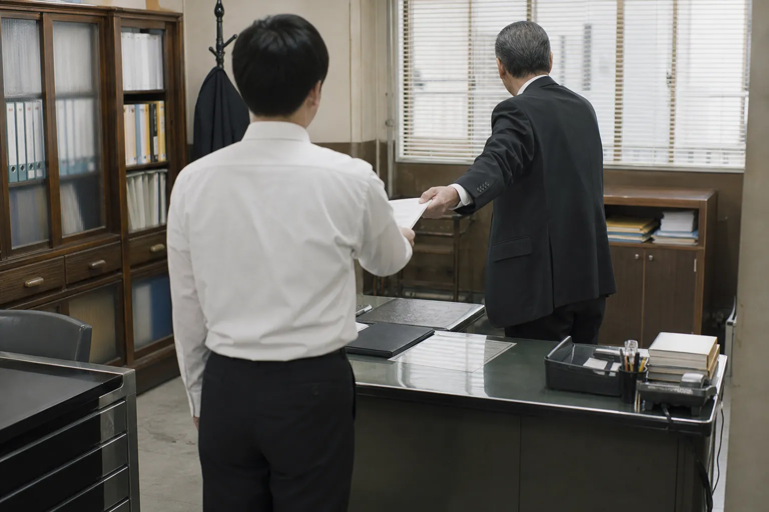 古い体質の職場で辞令を受け取る若手社員