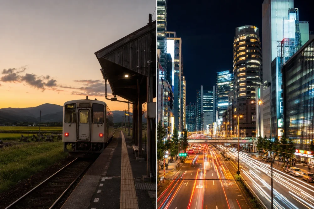地方の無人駅と福岡の夜景の対比